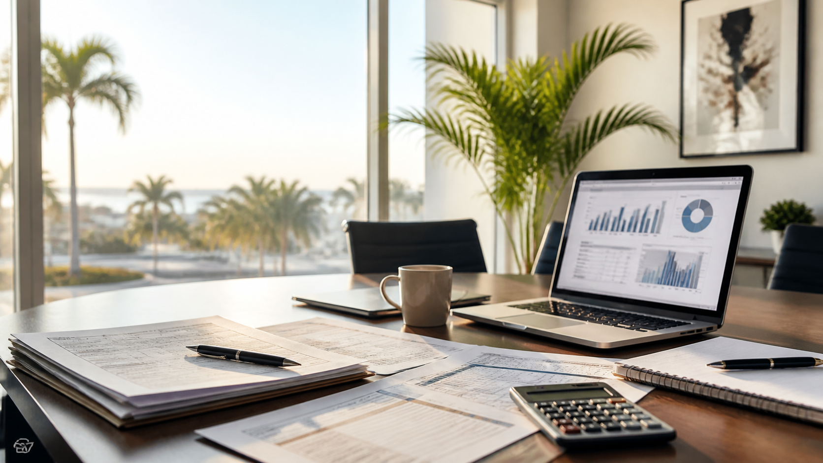 Florida sales tax CPA office with compliance documents and tax charts